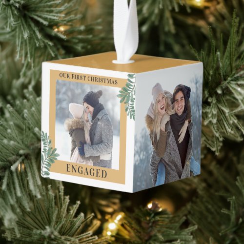 Our First Christmas Engaged Greenery 3 Photo Gold Cube Ornament