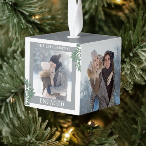 Our First Christmas Engaged Greenery 3 Photo Gray Cube Ornament