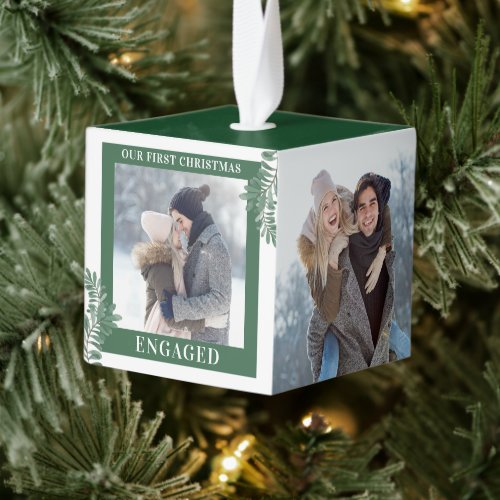 Our First Christmas Engaged Greenery 3 Photo Green Cube Ornament