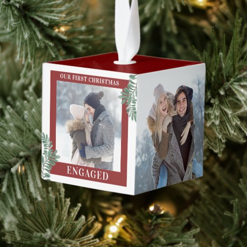 Our First Christmas Engaged Greenery 3 Photo Red Cube Ornament