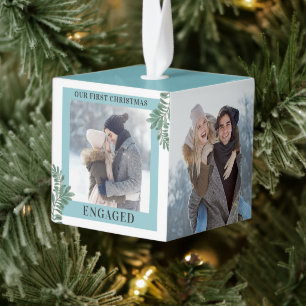 Our First Christmas Engaged Greenery 3 Photos Cube Ornament