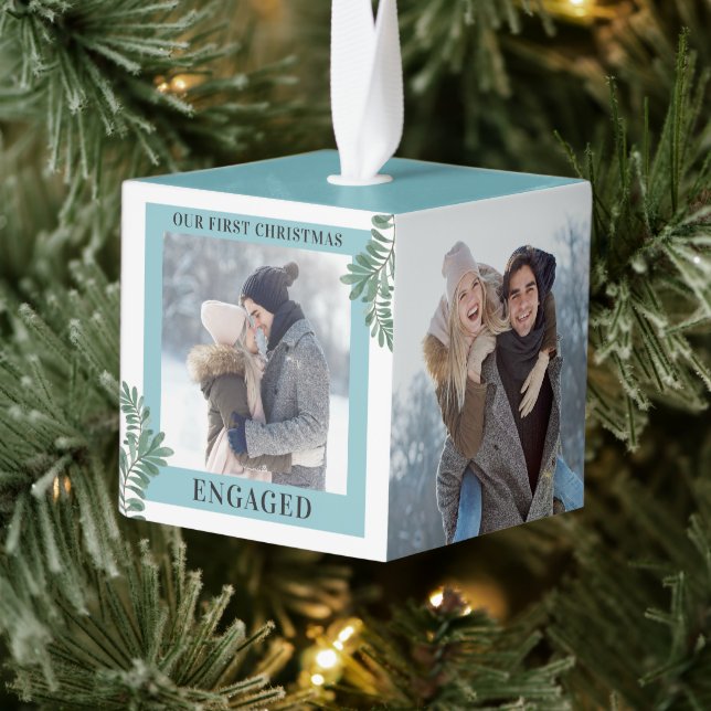 Our First Christmas Engaged Greenery 3 Photos Cube Ornament (Tree)