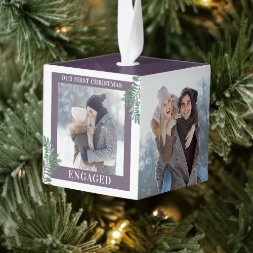 Our First Christmas Engaged Greenery 3 Photos Cube Ornament