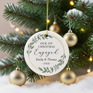 Our First Christmas Engaged Greenery Gold Wreath Ceramic Ornament