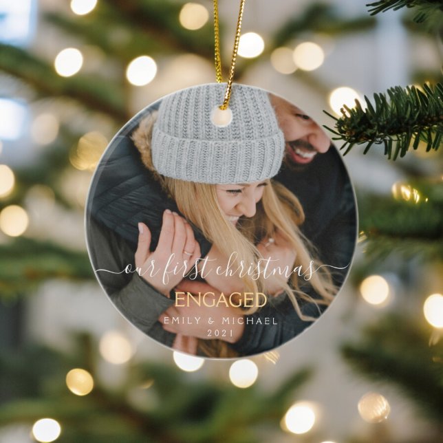 Our First Christmas Engaged Hand Lettered Photo Ceramic Ornament (Creator Uploaded)