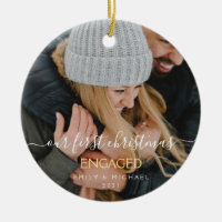 Our First Christmas Engaged Hand Lettered Photo Ceramic Ornament