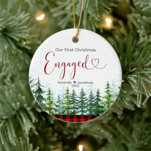 Our First Christmas Engaged Lumberjack Pine Tree Ceramic Ornament