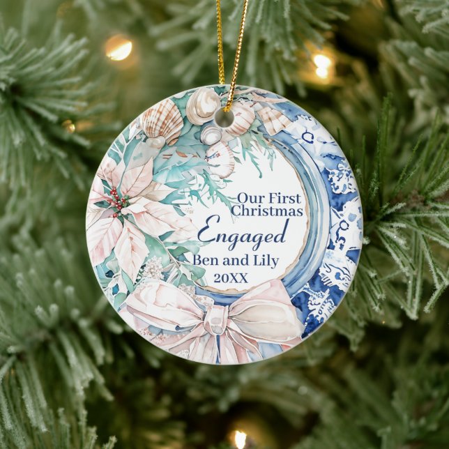 Our First Christmas Engaged Married Wreath  Ceramic Ornament (Tree)