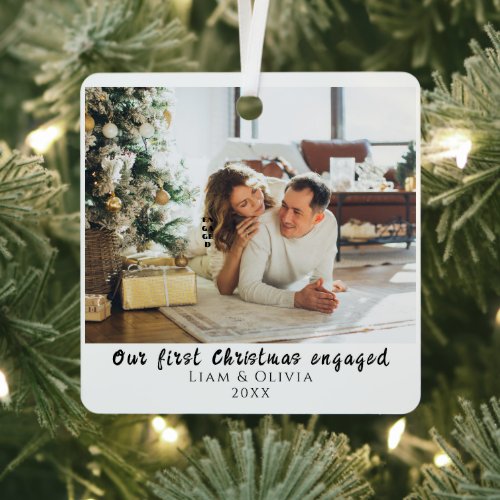  Our First Christmas Engaged Minimal Couple Photo Metal Ornament