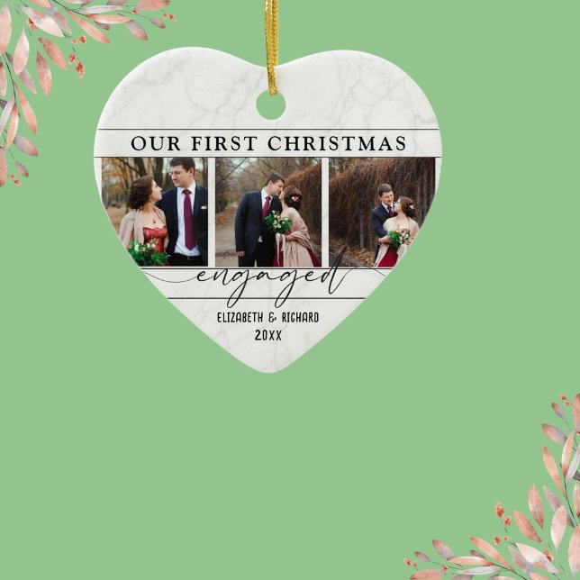 Our First Christmas Engaged Minimal  Photo Collage Ceramic Ornament (Creator Uploaded)