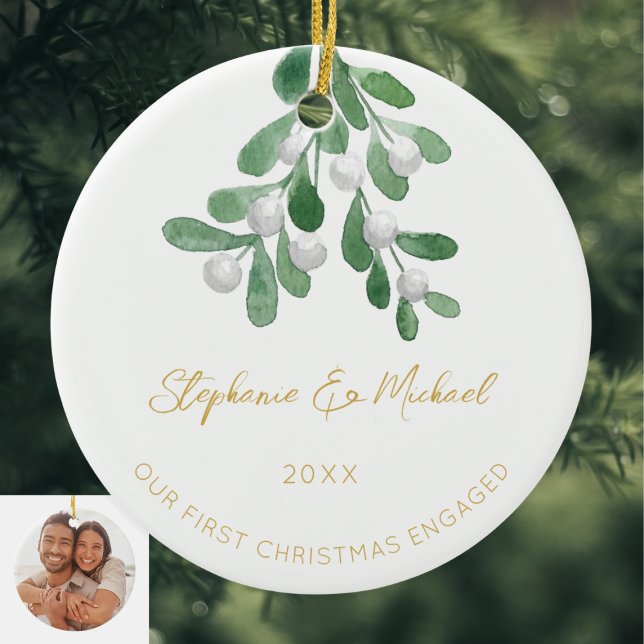 Our First Christmas Engaged Mistletoe Gold Photo Ceramic Ornament (Creator Uploaded)