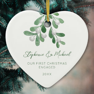 Our First Christmas Engaged Mistletoe Heart Ceramic Ornament