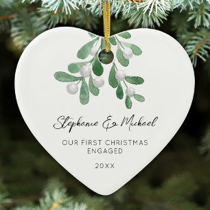 Our First Christmas Engaged Mistletoe Heart Ceramic Ornament