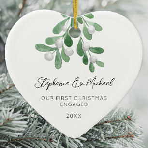 Our First Christmas Engaged Mistletoe Heart Ceramic Ornament