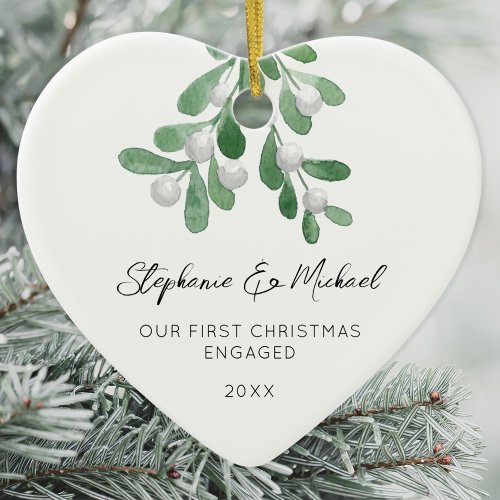 Our First Christmas Engaged Mistletoe Heart  Ceramic Ornament