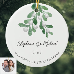 Our First Christmas Engaged Mistletoe Photo Cerami Ceramic Ornament