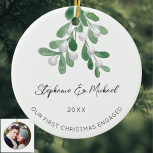 Our First Christmas Engaged Mistletoe Photo Ceramic Ornament