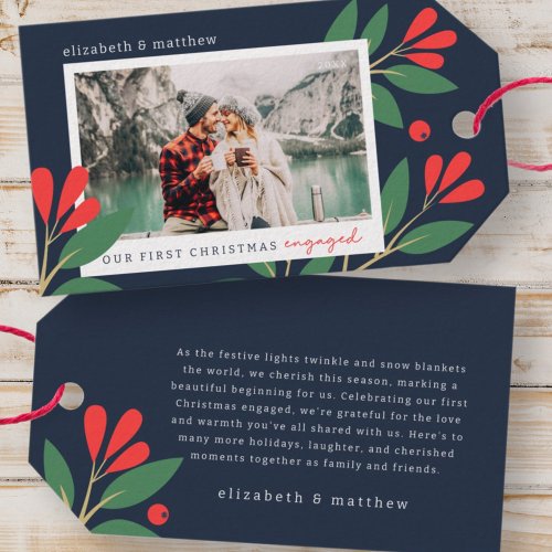 Our First Christmas Engaged Modern Foliage Photo Gift Tags
