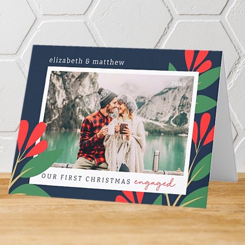 Our First Christmas Engaged Modern Foliage Photo Holiday Card