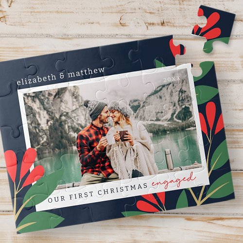 Our First Christmas Engaged Modern Foliage Photo Jigsaw Puzzle