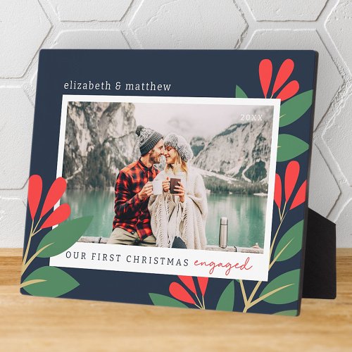 Our First Christmas Engaged Modern Foliage Photo Plaque