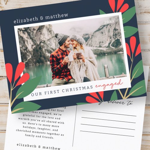 Our First Christmas Engaged Modern Foliage Photo Postcard