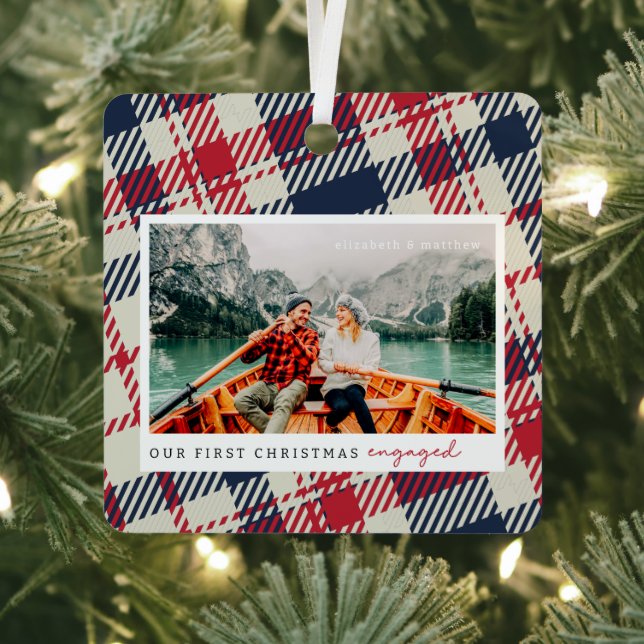 Our First Christmas Engaged Modern Plaid Two Photo Metal Ornament (Insitu)