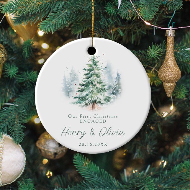 Our First Christmas Engaged Modern Script Tree Ceramic Ornament (Our First Christmas Engaged Modern Script Tree Ceramic Ornament)