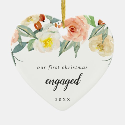 Our First Christmas Engaged Peach Floral Photo Ceramic Ornament