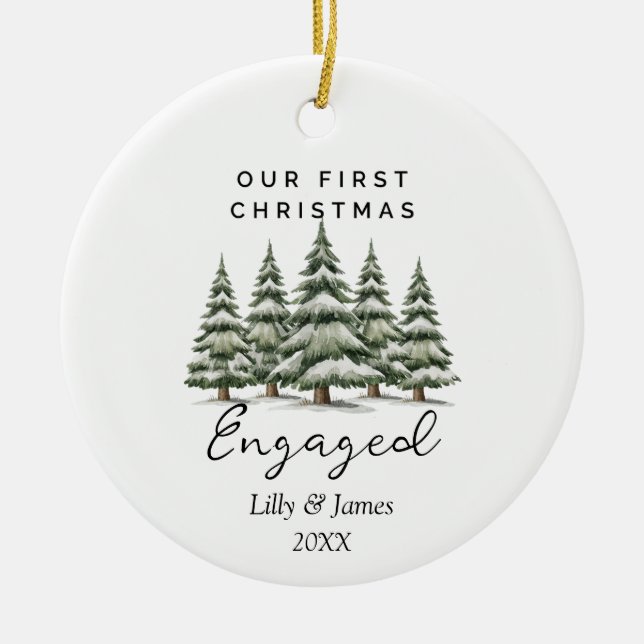Our First Christmas Engaged Personalized Couple Ceramic Ornament (Front)