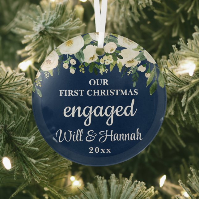 Our First Christmas Engaged Personalized Couple Glass Ornament (Insitu)