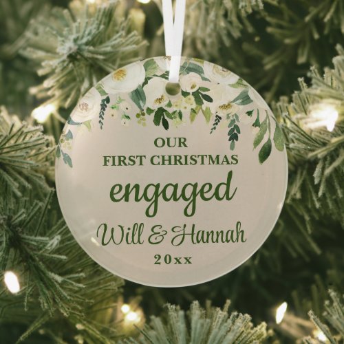 Our First Christmas Engaged Personalized Couple Glass Ornament
