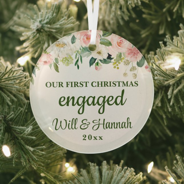 Our First Christmas Engaged Personalized Couple Glass Ornament (Insitu)