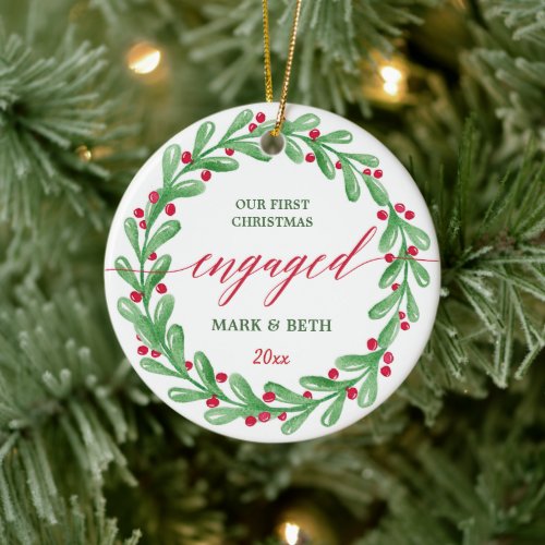 Our First Christmas Engaged Personalized Couples Ceramic Ornament