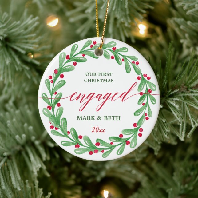 Our First Christmas Engaged Personalized Couples Ceramic Ornament (Tree)