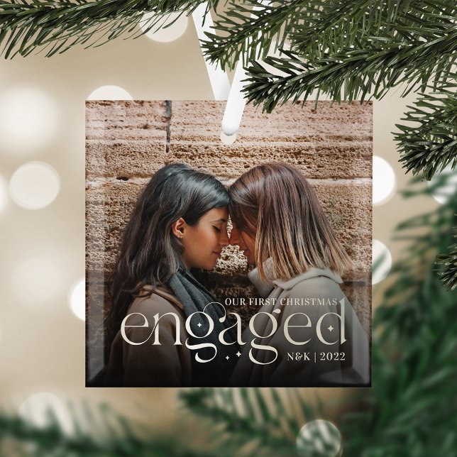 Our First Christmas Engaged Personalized Photo Glass Ornament (Creator Uploaded)