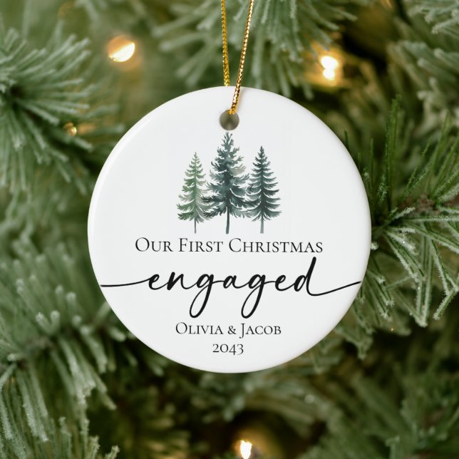 Our First Christmas Engaged Photo Ceramic Ornament (Tree)