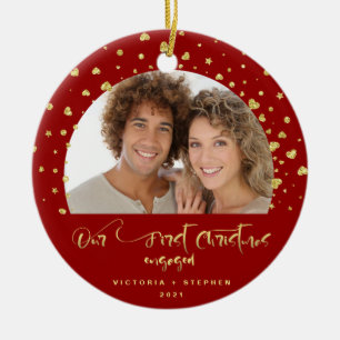 Our First Christmas Engaged Photo Festive Ceramic Ornament