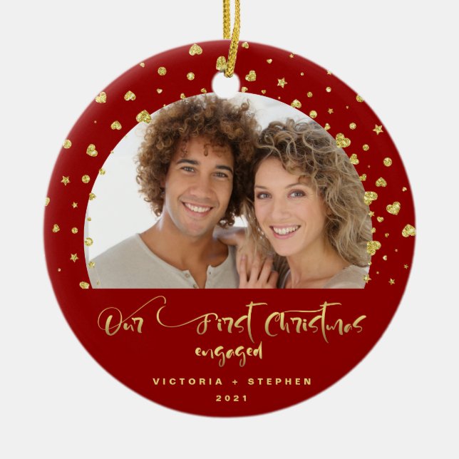 Our First Christmas Engaged Photo Festive Ceramic Ornament (Front)