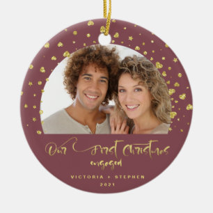 Our First Christmas Engaged Photo Gold Confetti Ceramic Ornament