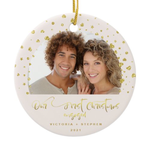 Our First Christmas Engaged Photo Gold Hearts Ceramic Ornament