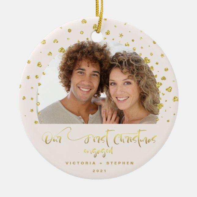 Our First Christmas Engaged Photo Gold Hearts Ceramic Ornament (Front)