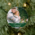 Our First Christmas Engaged Photo Green Ceramic Ornament<br><div class="desc">Our First Christmas Engaged Couple Photo Green Ornament with Snowflakes back.</div>