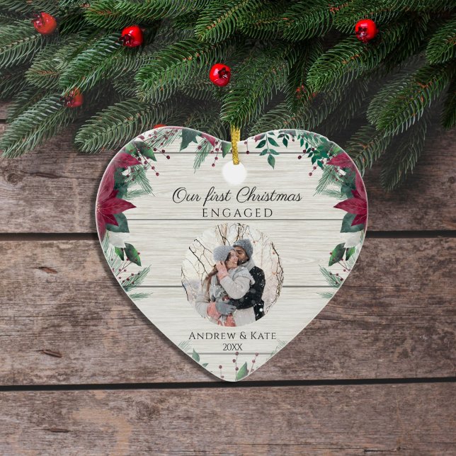 Our First Christmas Engaged | Photo Heart Ceramic Ornament (Creator Uploaded)
