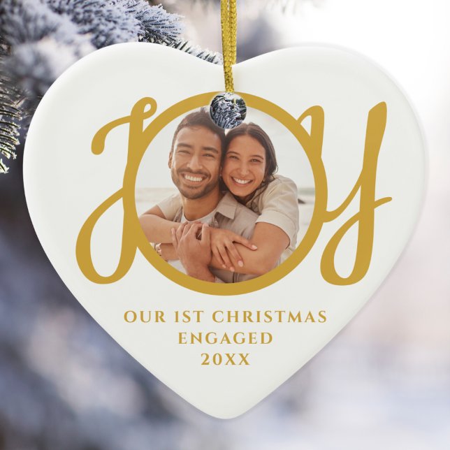 Our First Christmas Engaged Photo Heart-Shaped Ceramic Ornament (Creator Uploaded)