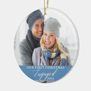Our First Christmas Engaged Photo Light Blue Ceramic Ornament