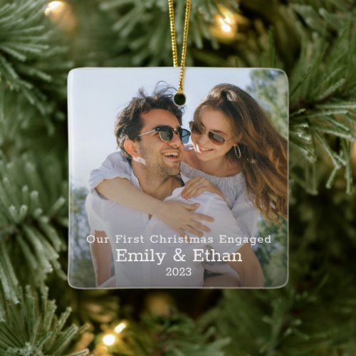 Our First Christmas Engaged Photo Minimal Modern Ceramic Ornament