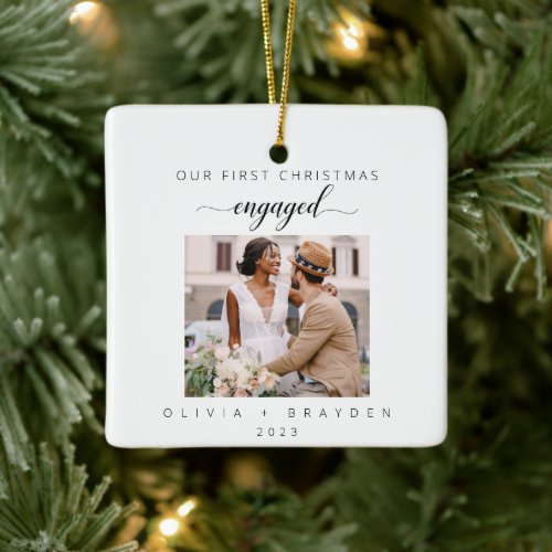Our First Christmas Engaged Photo Minimalist Ceramic Ornament