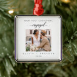 Our First Christmas Engaged Photo Minimalist Metal Ornament<br><div class="desc">Celebrate your first Christmas as Mr. and Mrs. with our exquisite "Our First Christmas Engaged Minimalist Photo Ceramic Ornament. This ornament beautifully blends simplicity with sentimentality, featuring a pristine white ceramic background adorned with charming hand-drawn Christmas tree illustrations. It adds a touch of elegance and nostalgia to your holiday decor....</div>