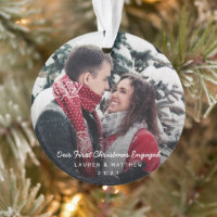 Our First Christmas Engaged Photo Modern White Ornament